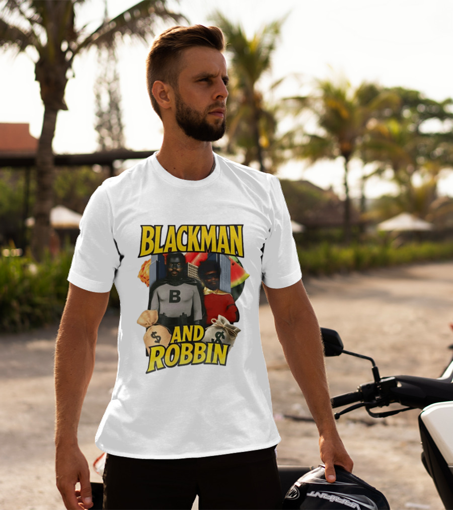 Blackman And Robbin Superhero Satire Comedy Money Bags Cityscape T-Shirt