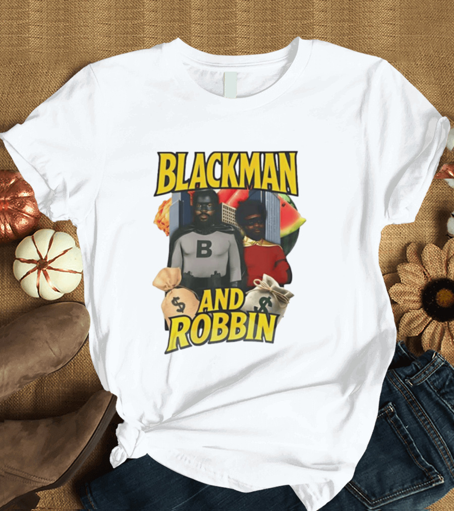 Blackman And Robbin Superhero Satire Comedy Money Bags Cityscape T-Shirt