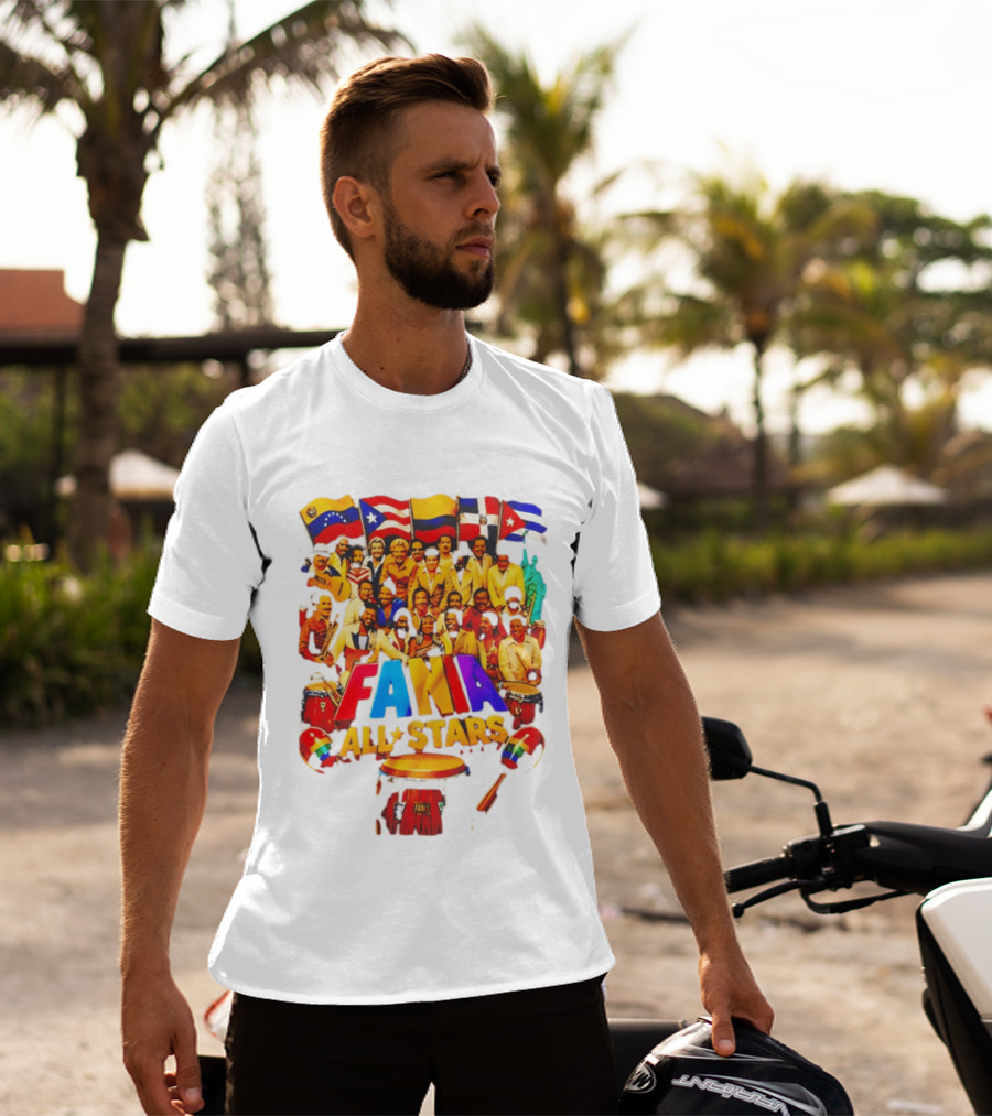 Fania All Stars Band With Colorful Flags And Musical Instruments T-Shirt