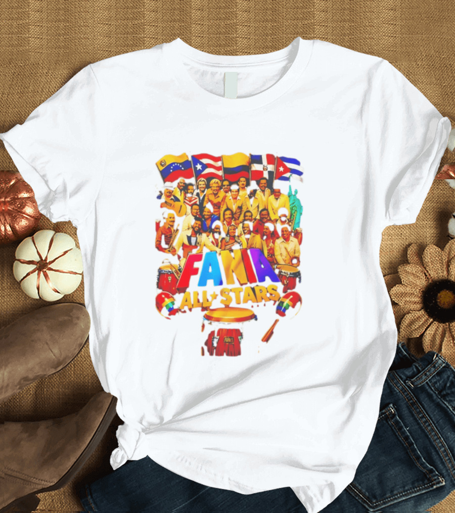 Fania All Stars Band With Colorful Flags And Musical Instruments T-Shirt