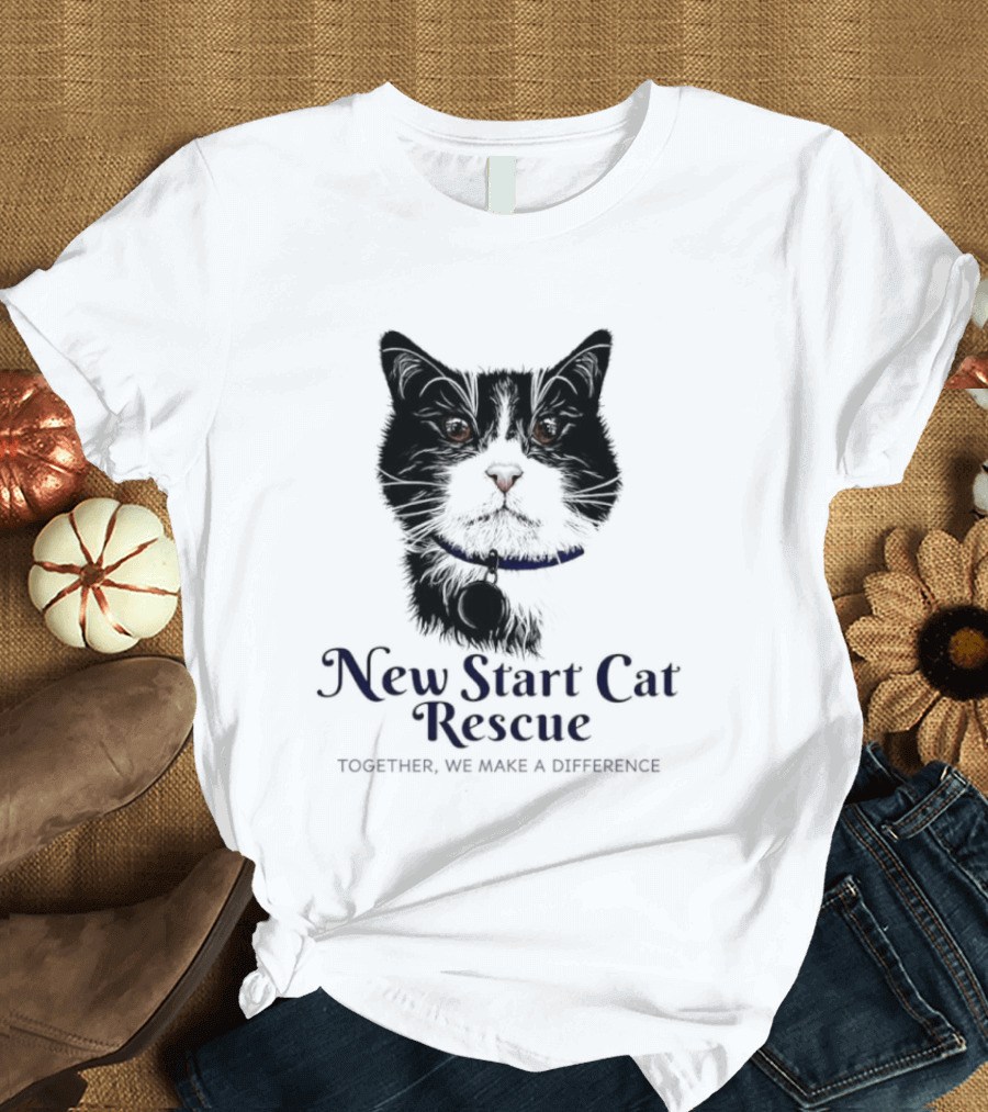 New Start Cat Rescue Together We Make A Difference Black And White Cat T-Shirt