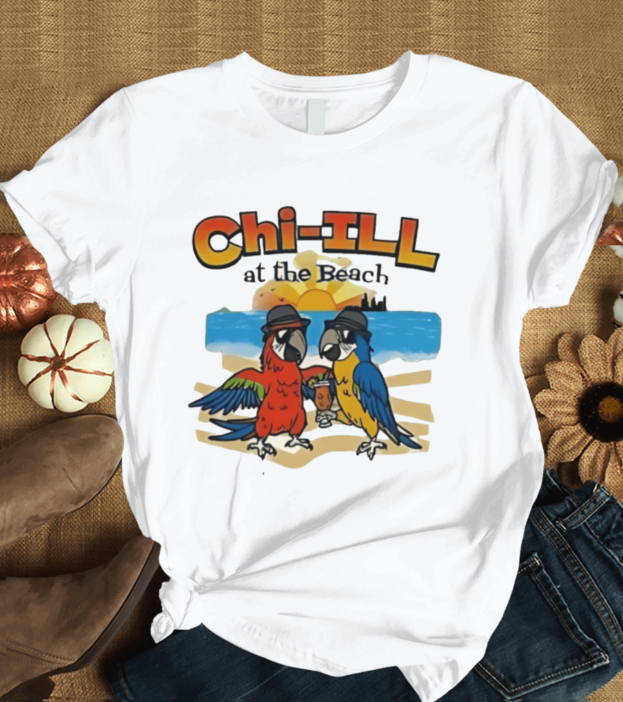 Chi ILL At The Beach Parrots With Hats And Sunset Scene T-Shirt