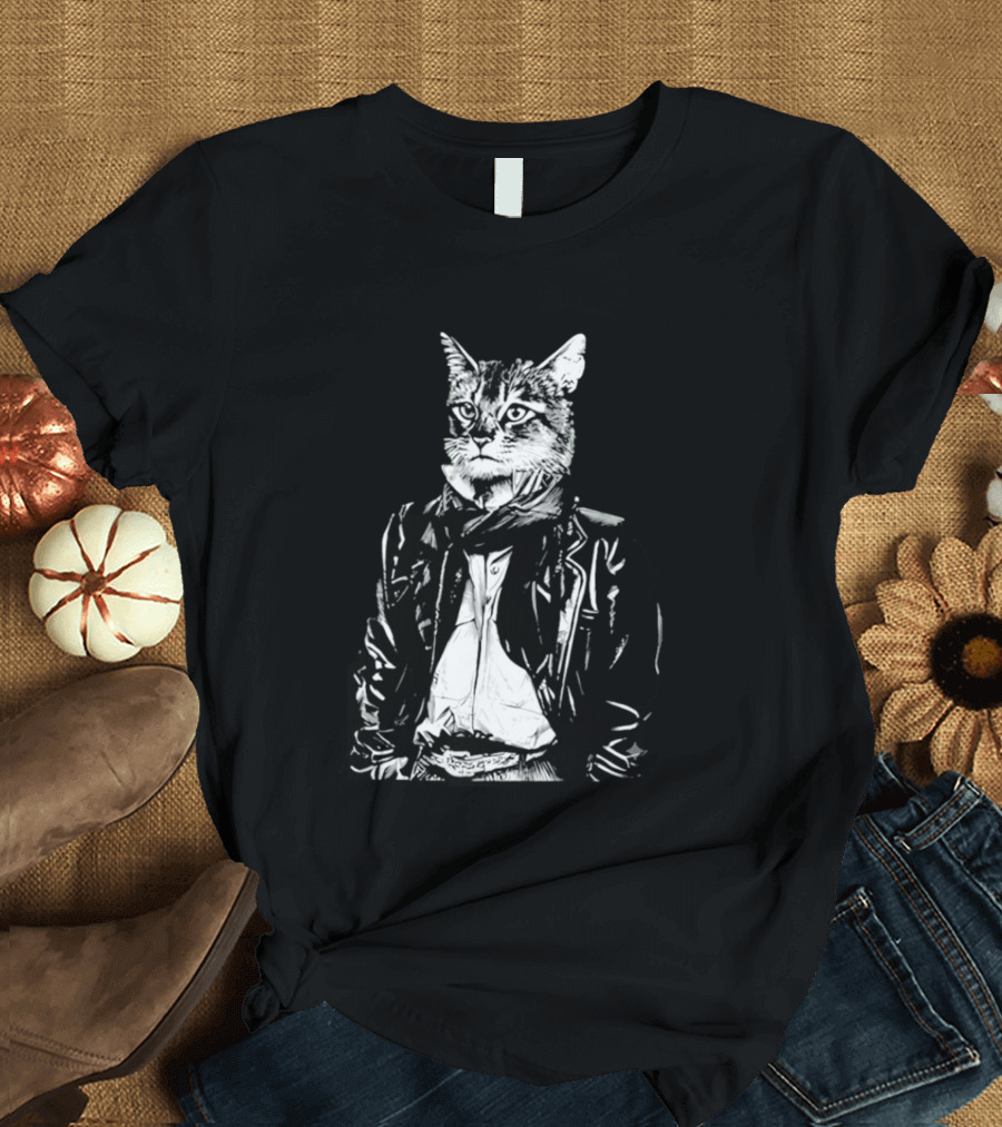 Cat They Only Come Out At Night Cool Cat In Leather Jacket T-Shirt