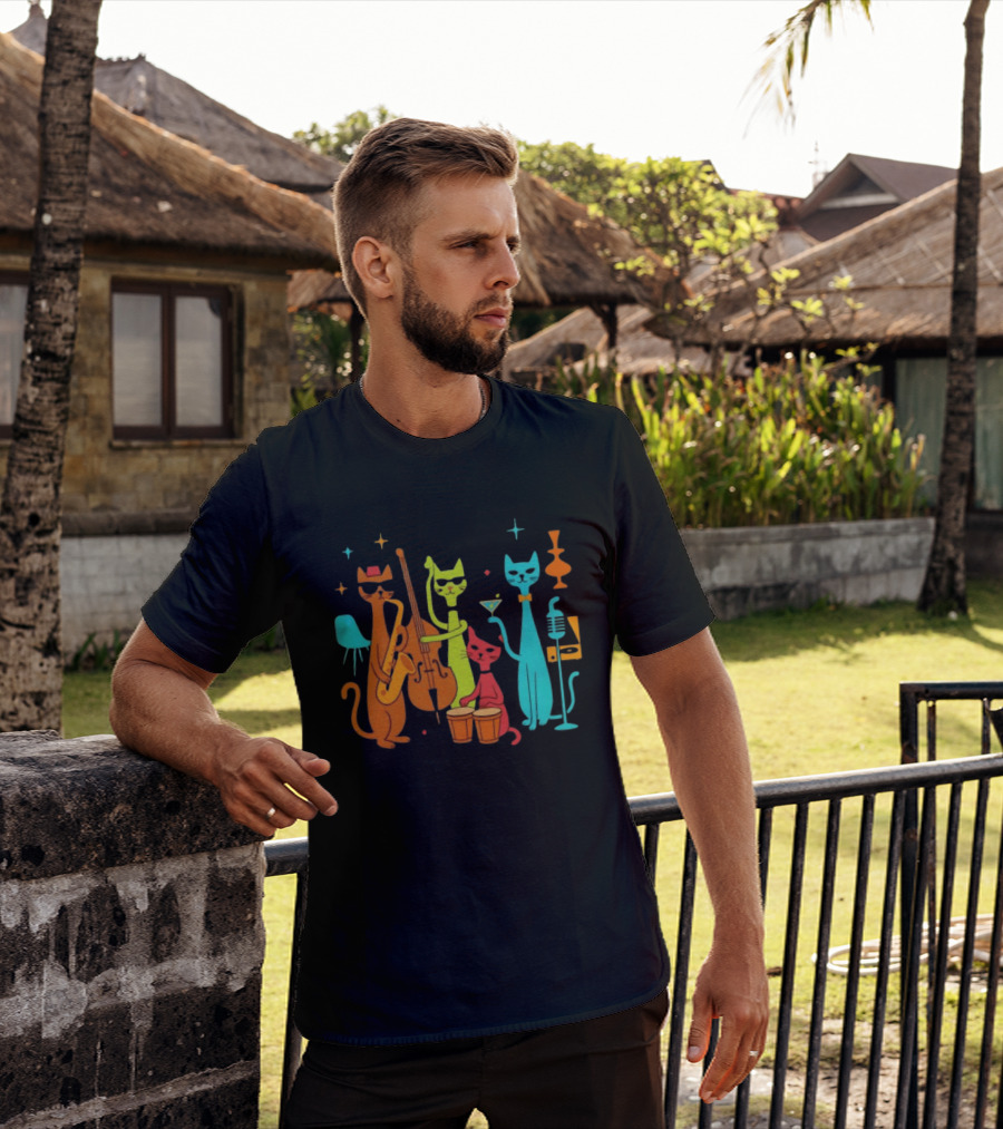 Jazz Cat Quartet Playing Instruments Bass Bongo Trumpet Martini T-Shirt