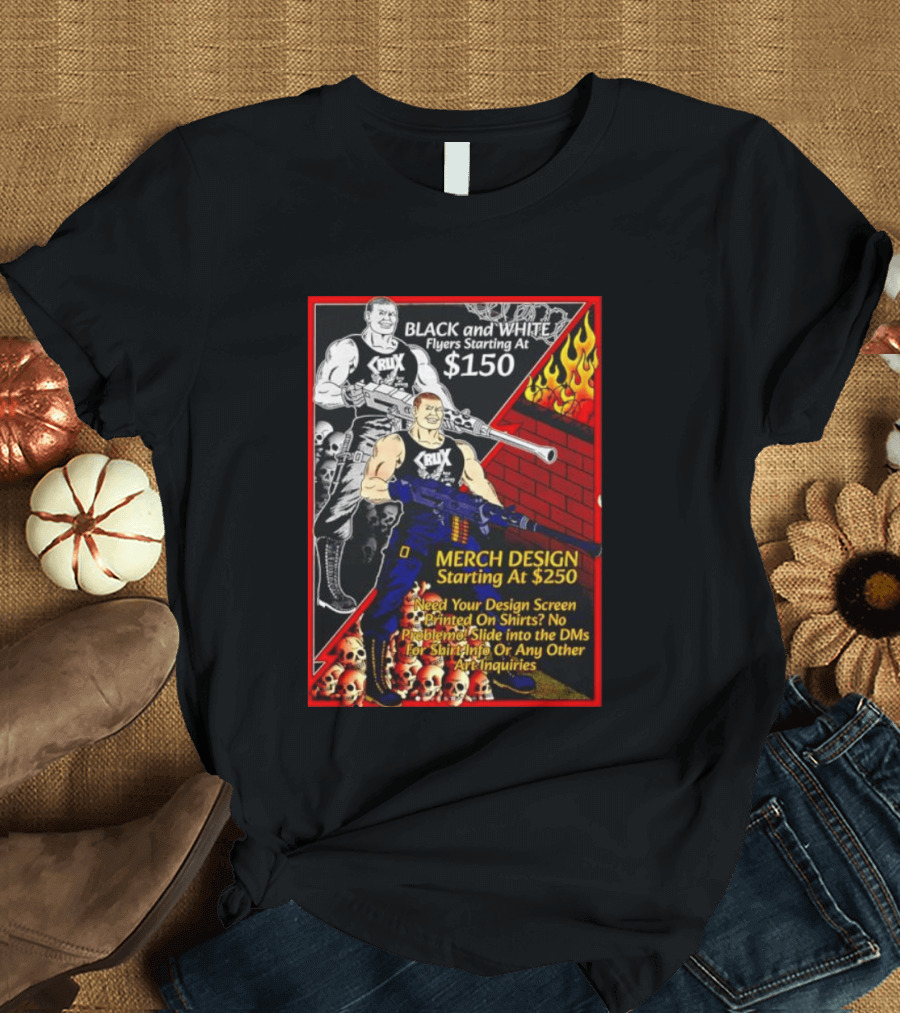 Crux Black And White Flyers And Merch Services Skulls And Flames Promo T-Shirt