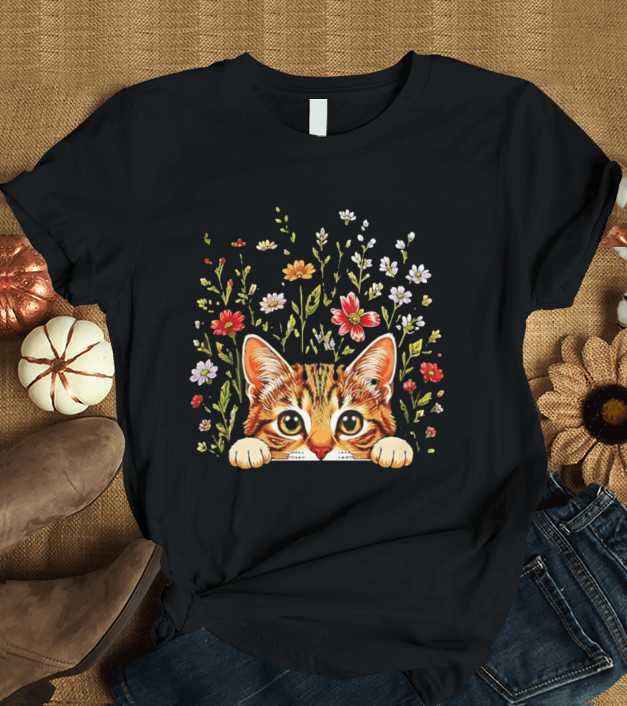 Tabby Kitten Head Through Wildflowers Florals T-Shirt