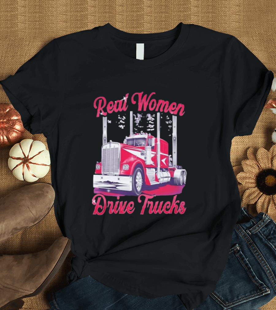 Real Women Drive Trucks Semi Truck With Flowers T-Shirt