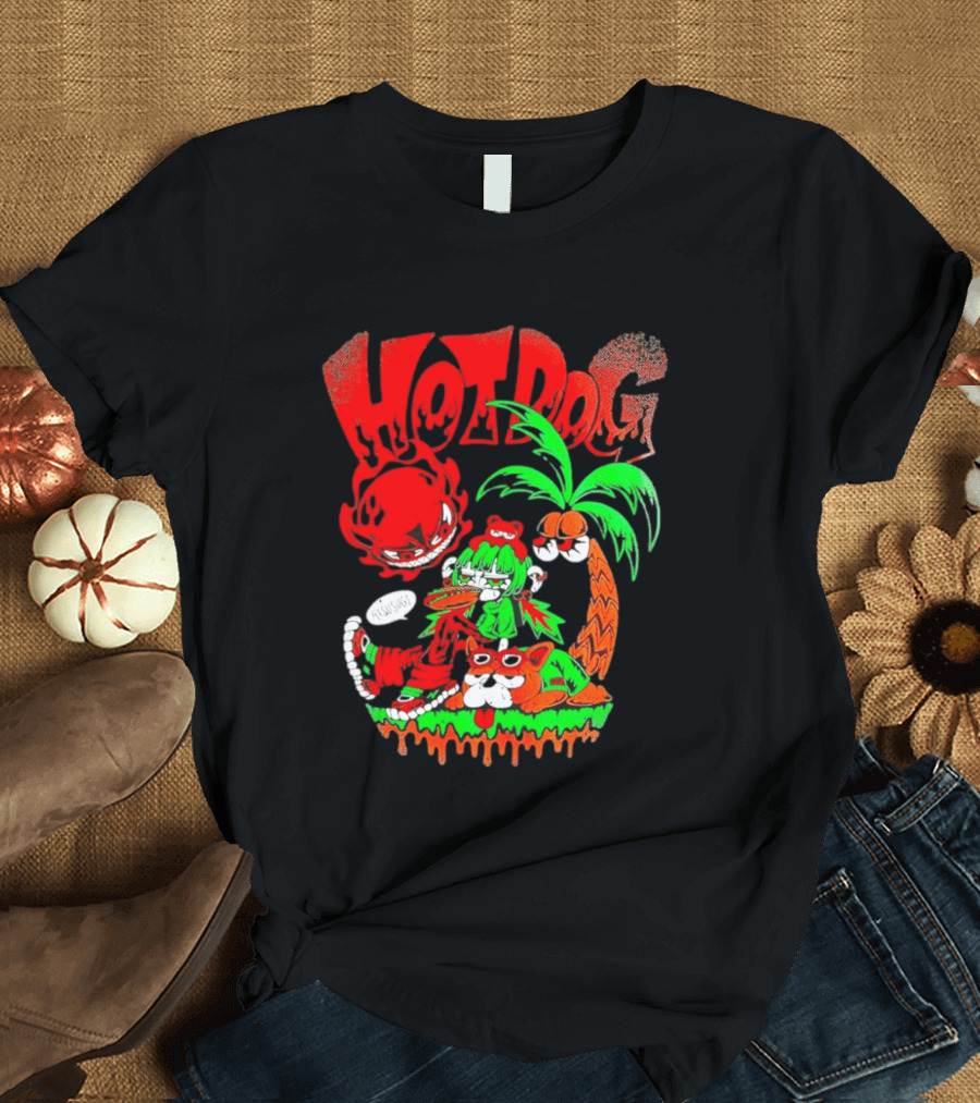Hotdog Atsusugi Girl With Bear Hat And Dog Under Palm Tree T-Shirt