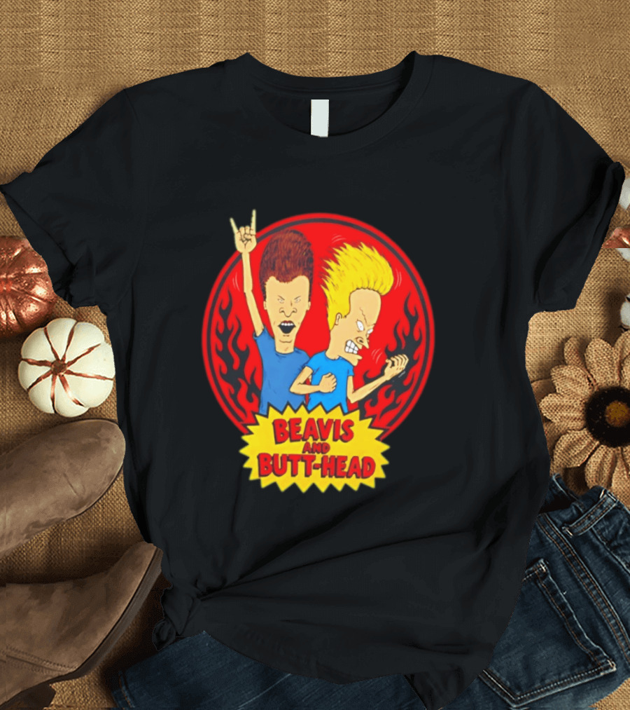 Beavis And Butt Head Rocking Out Flames Circle T-Shirt