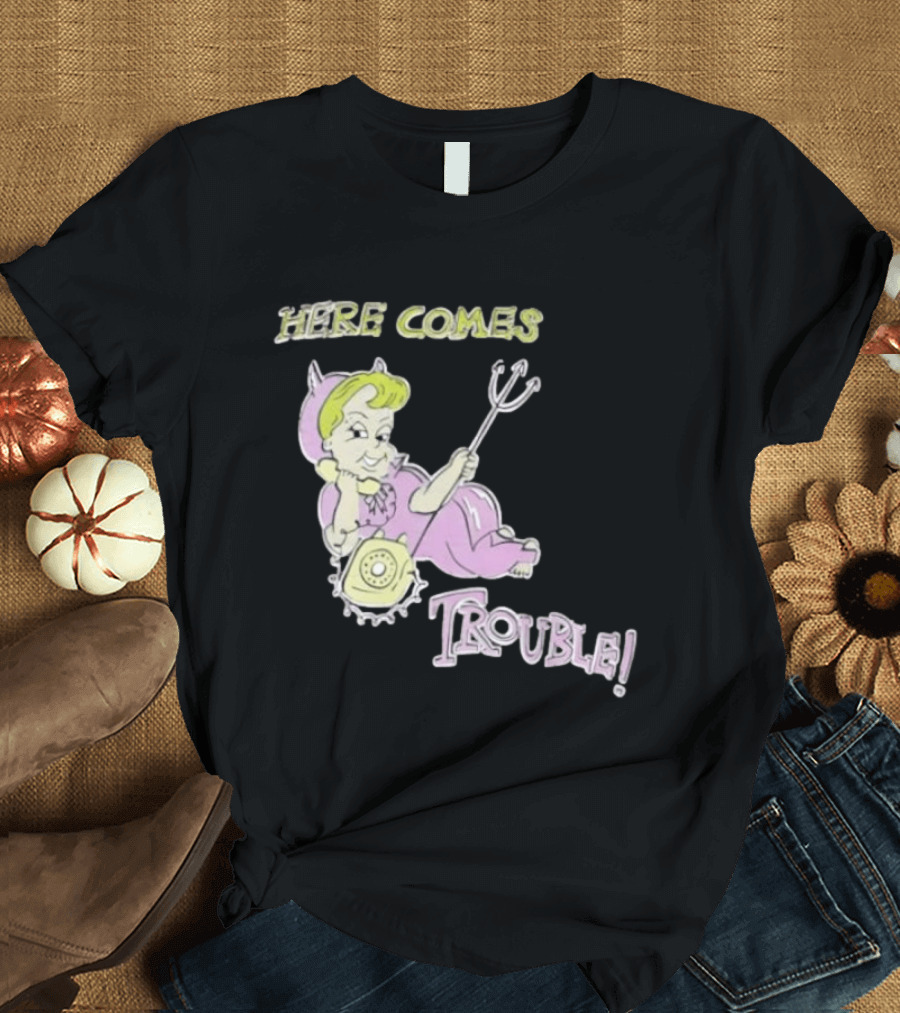 Here Comes Trouble Devil Baby With Pitchfork And Telephone T-Shirt