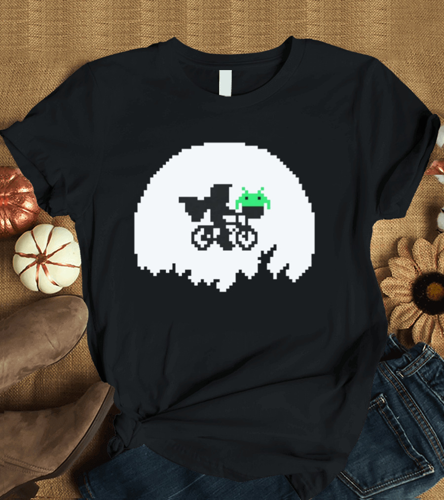 Elliott And Extra Terrestrial On Bicycle With Space Invader Pixel T-Shirt