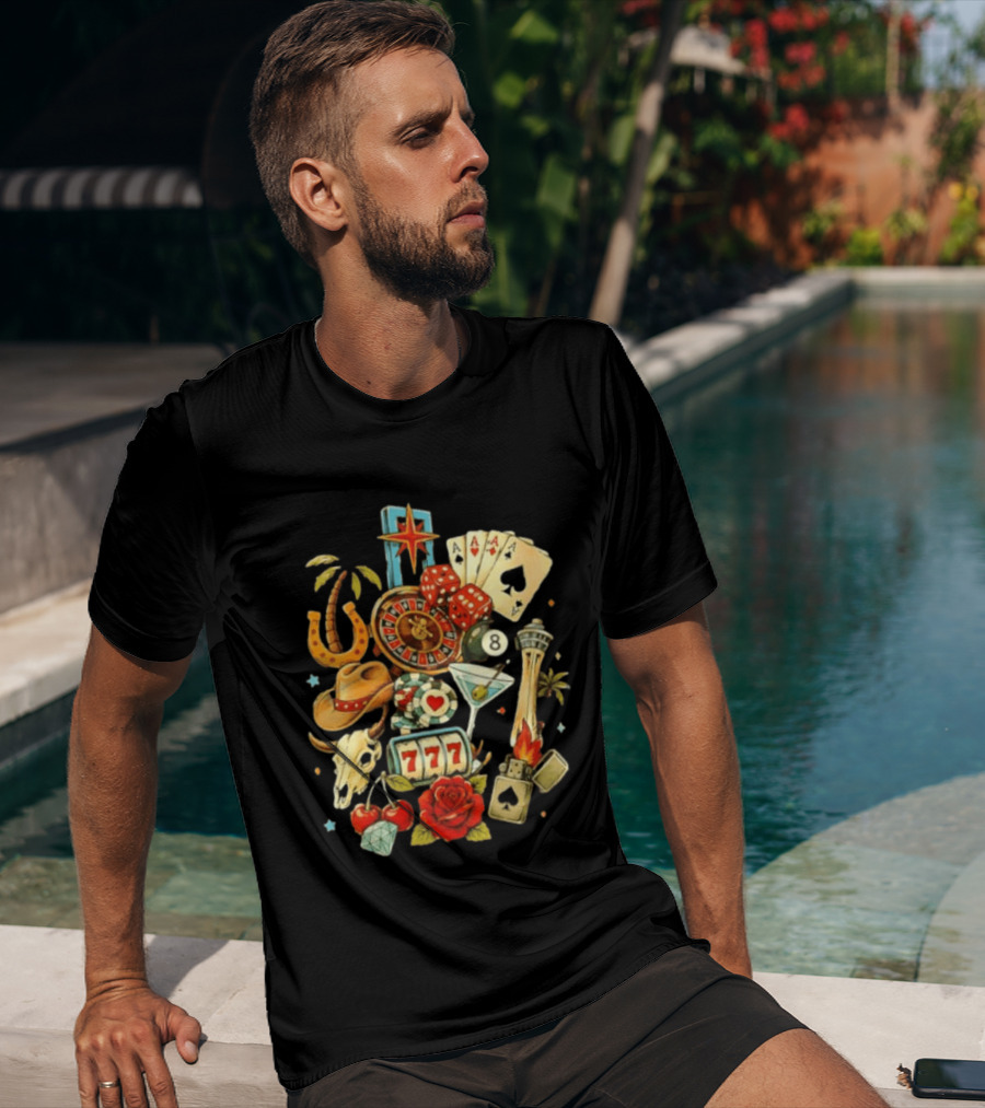 Las Vegas Casino Lucky Seven Poker Ace Of Spades Roulette Dice Palm Tree Horseshoe Rose Martini Skyscraper T-Shirt