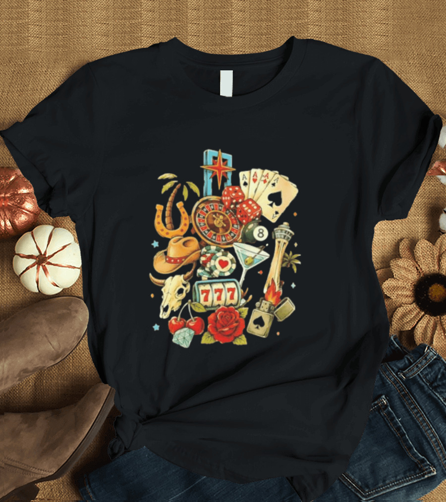 Las Vegas Casino Lucky Seven Poker Ace Of Spades Roulette Dice Palm Tree Horseshoe Rose Martini Skyscraper T-Shirt