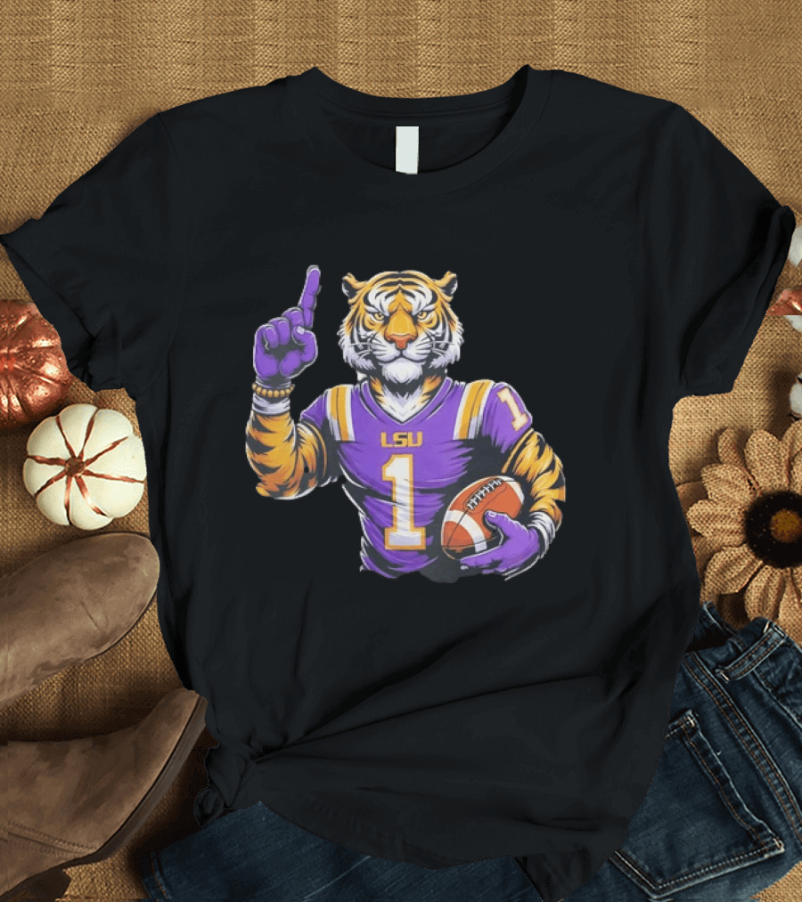 LSU Tiger Football Pointing Number 1 Holding Ball T-Shirt