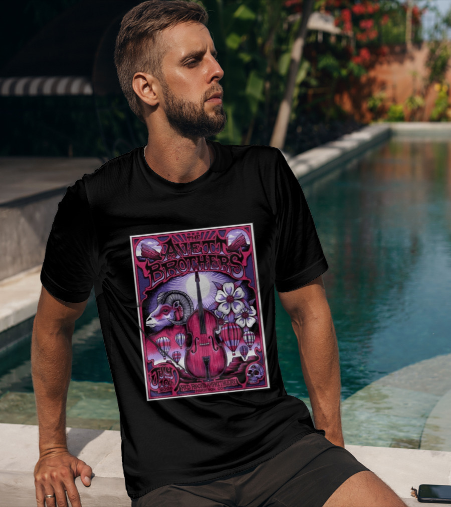 The Avett Brothers Red Rocks Amphitheatre Jul 10 2026 Morrison CO Hot Air Balloons Ram Violin Skull Art Flowers T-Shirt