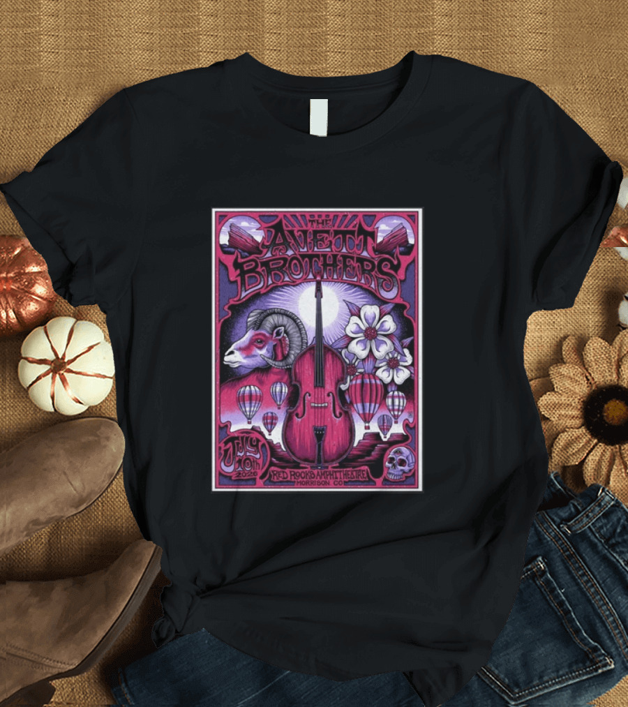 The Avett Brothers Red Rocks Amphitheatre Jul 10 2026 Morrison CO Hot Air Balloons Ram Violin Skull Art Flowers T-Shirt