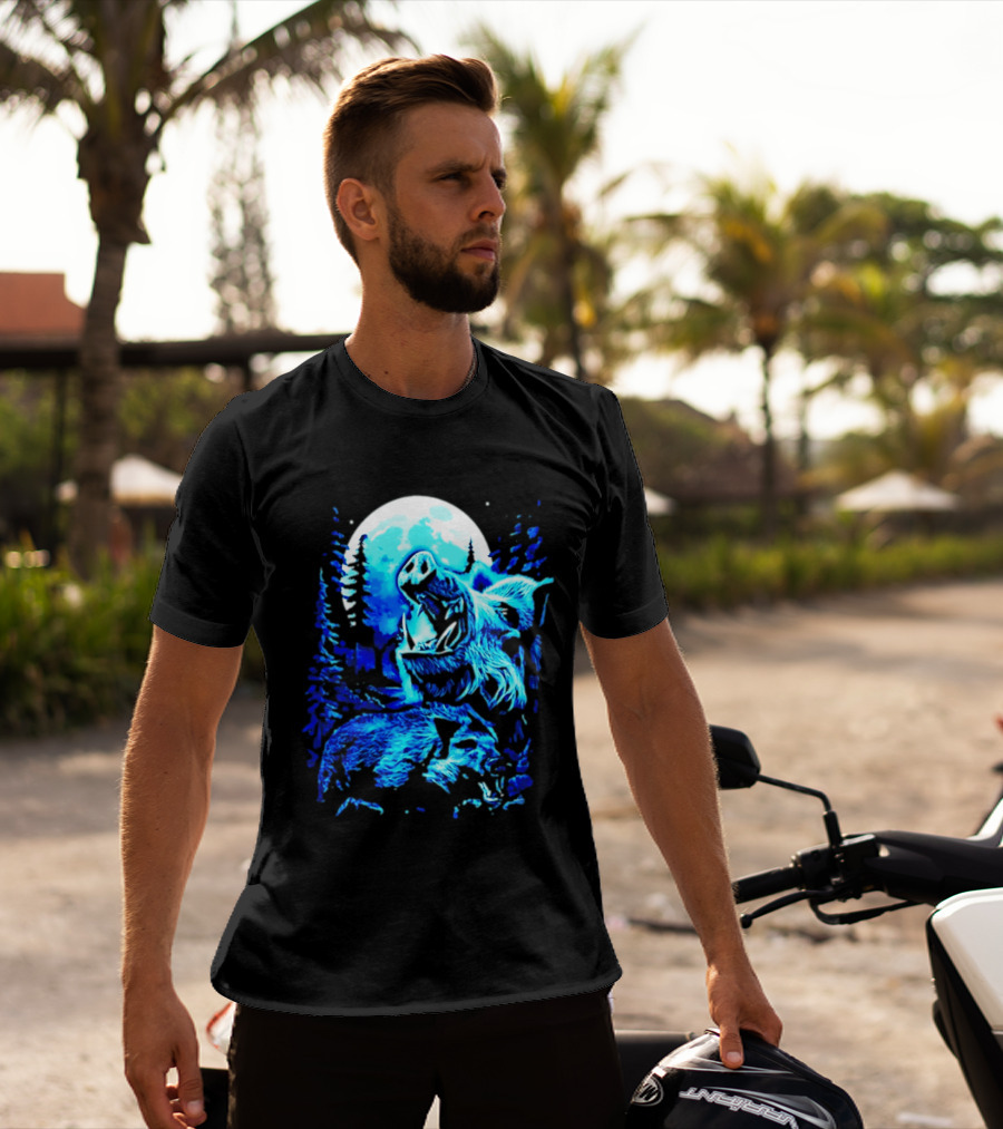 Wild Boar Howling At The Moon Under Mystical Forest Night Sky T-Shirt