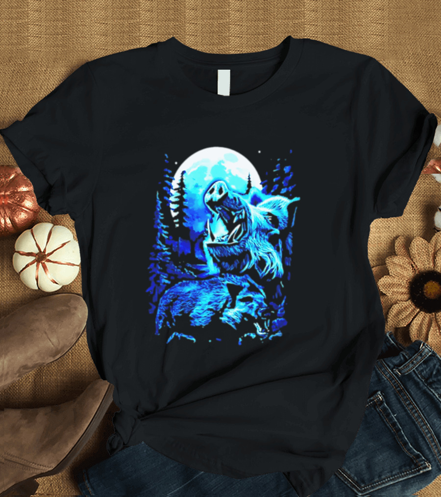 Wild Boar Howling At The Moon Under Mystical Forest Night Sky T-Shirt