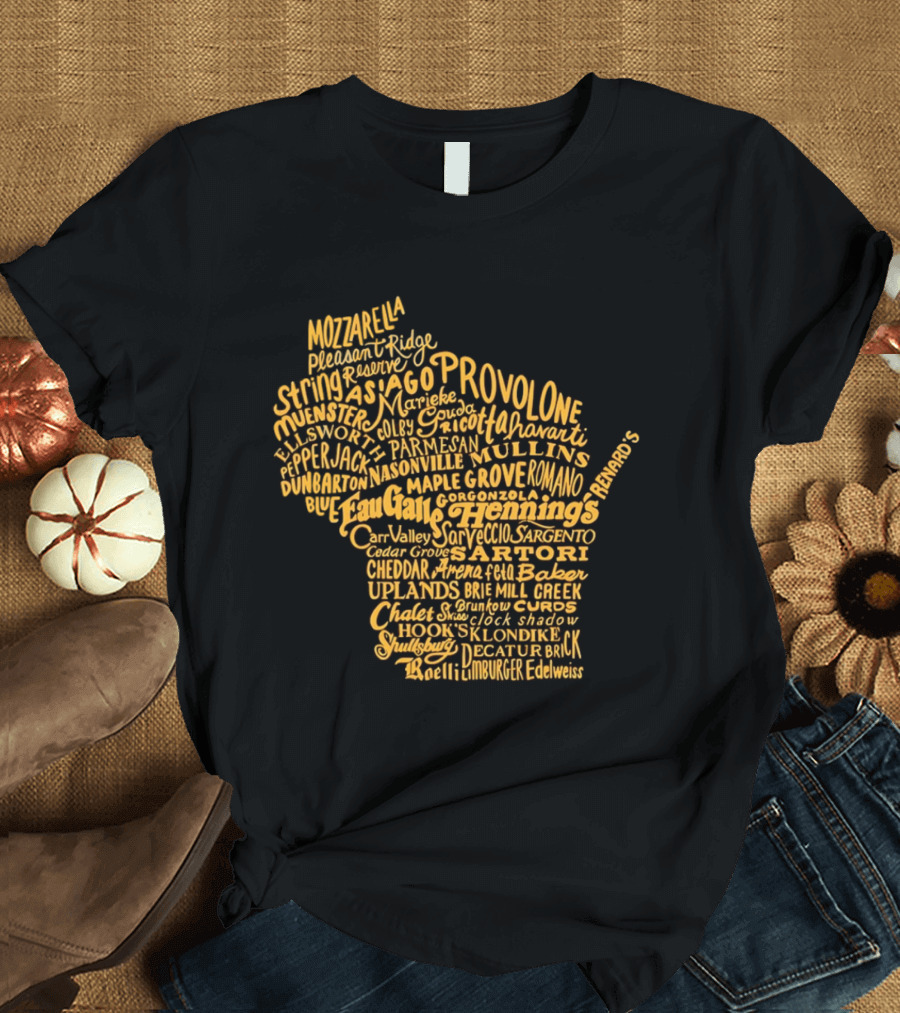 Wisconsin Cheese Map Eau Galle Cheddar Provolone Mozzarella Gouda Asiago Parmigiano Ullands T-Shirt