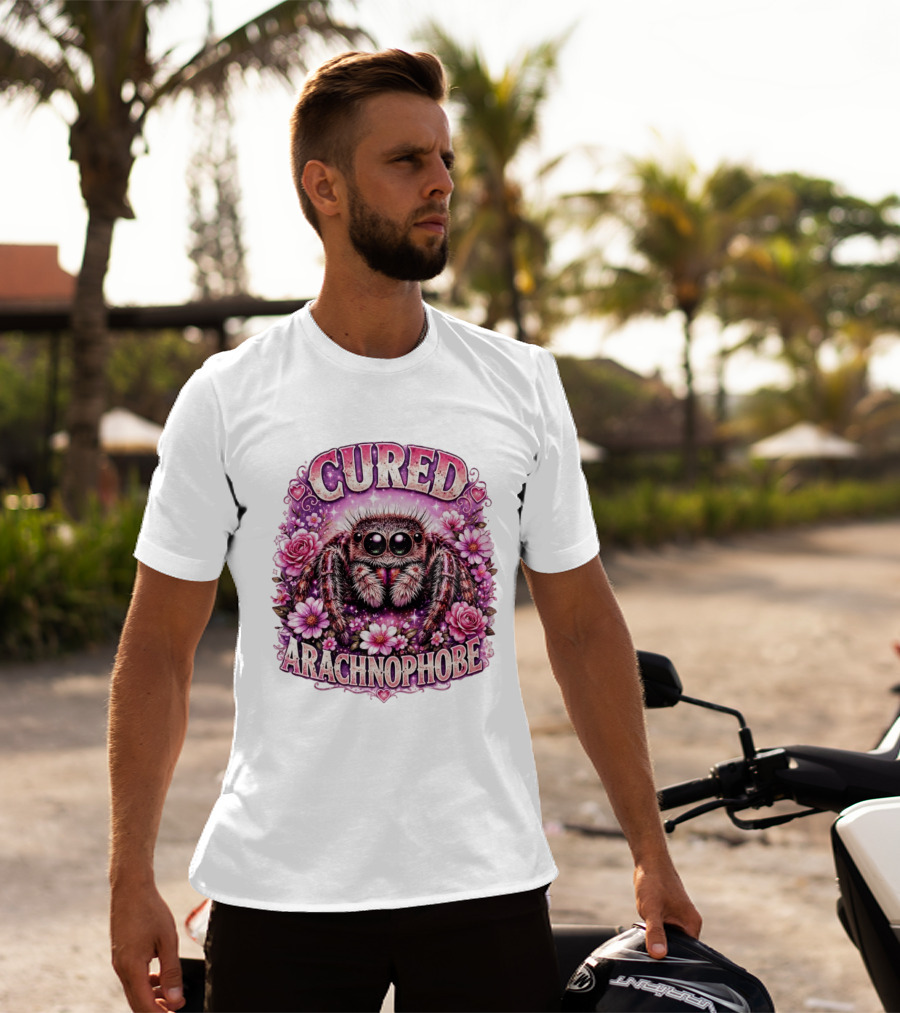 Cured Arachnophobe Jumping Spider Floral Hearts And Flowers T-Shirt