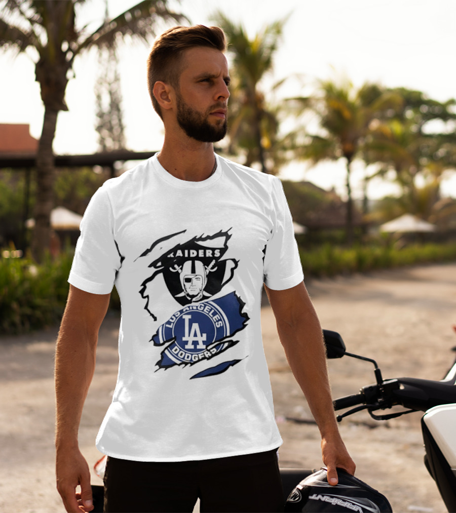 Raiders Los Angeles Dodgers Ripped Effect NFL MLB Crossover Fan Gear T-Shirt