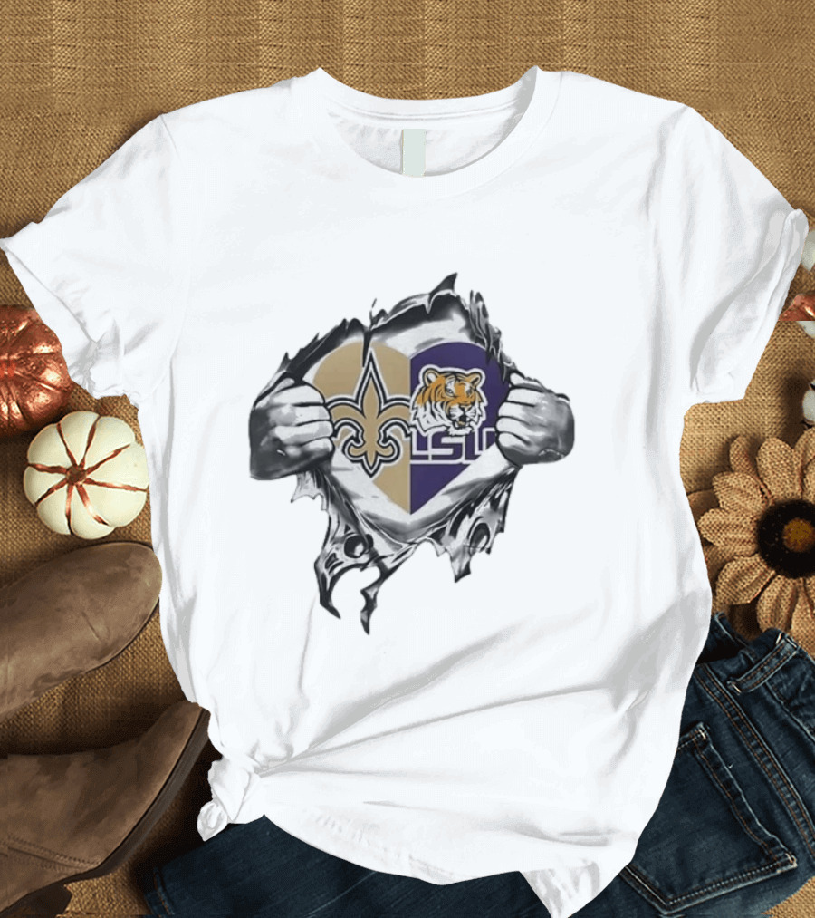 New Orleans Saints LSU Tigers Heart Hands Tearing Fleur De Lis Tiger Head T-Shirt