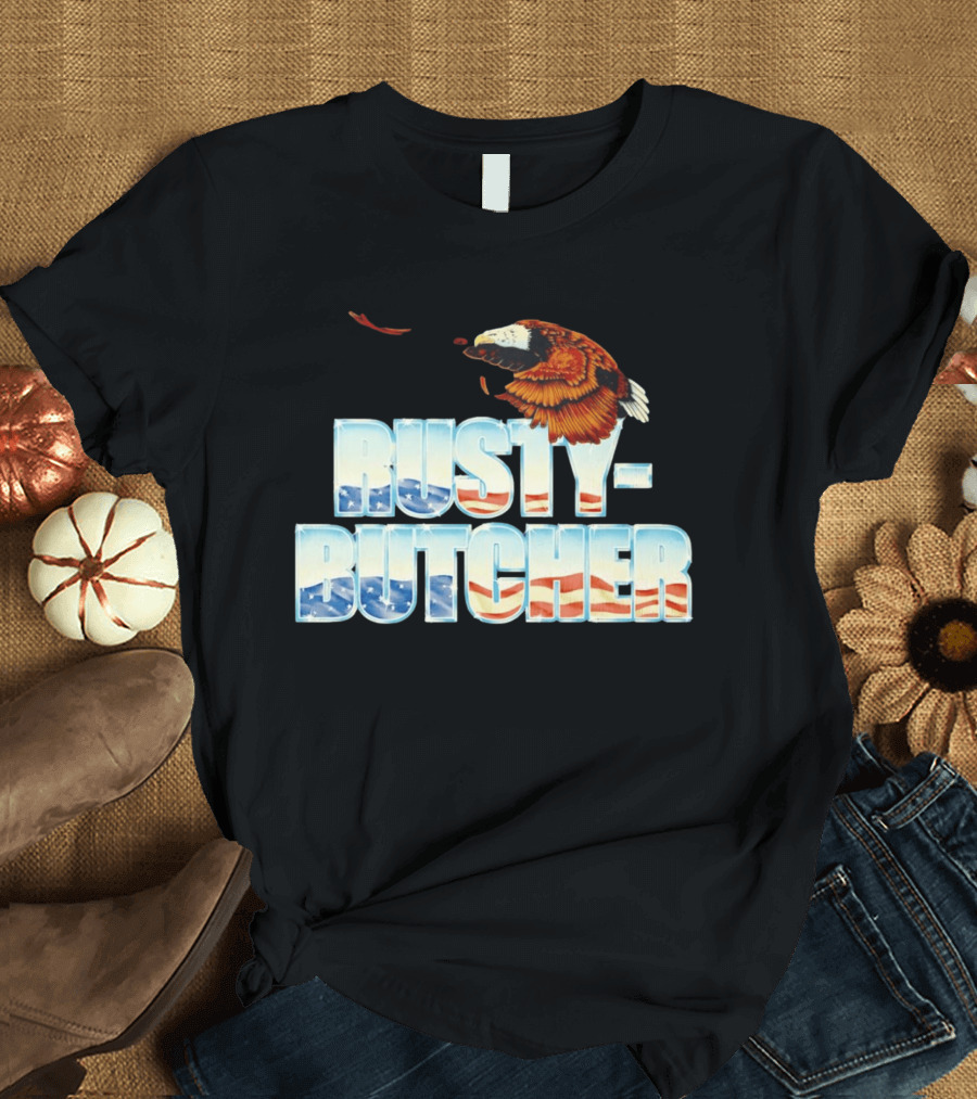 Rusty Butcher American Eagle With Patriotic Stars And Stripes T-Shirt