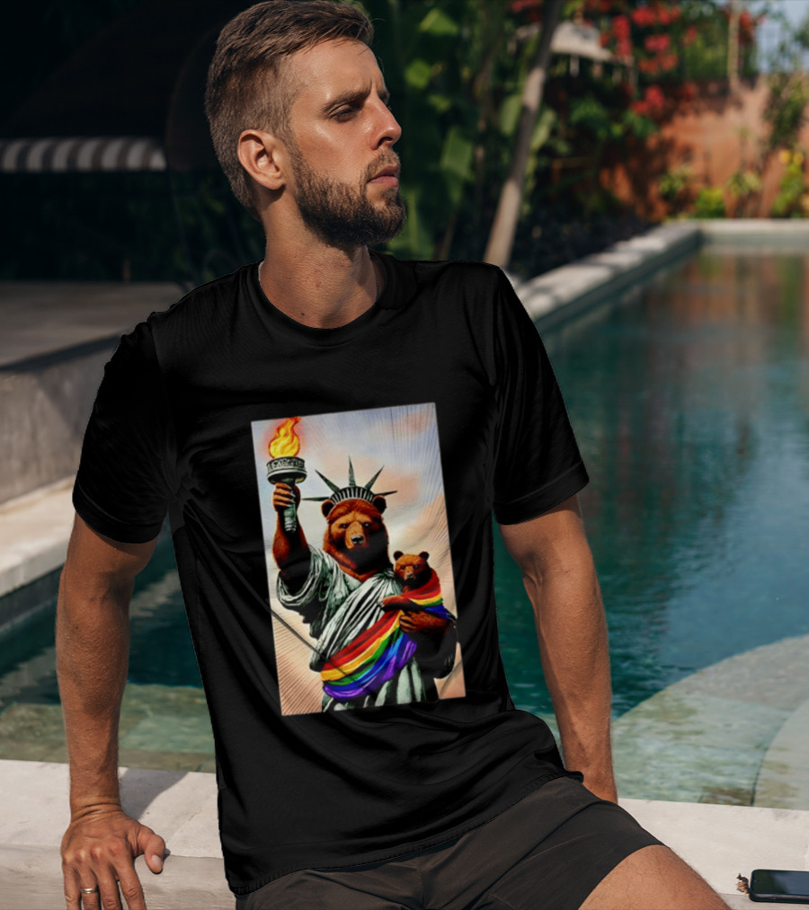 Bear Statues Liberty Rainbow Pride Torch T-Shirt