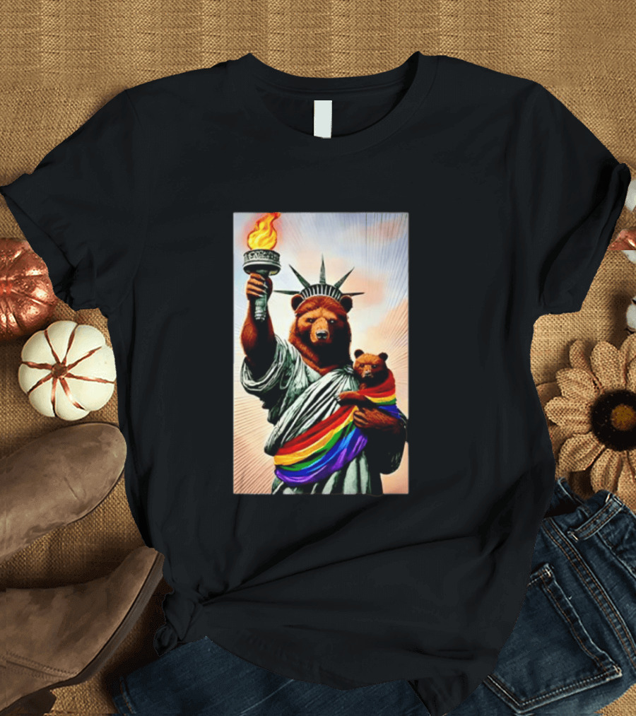 Bear Statues Liberty Rainbow Pride Torch T-Shirt