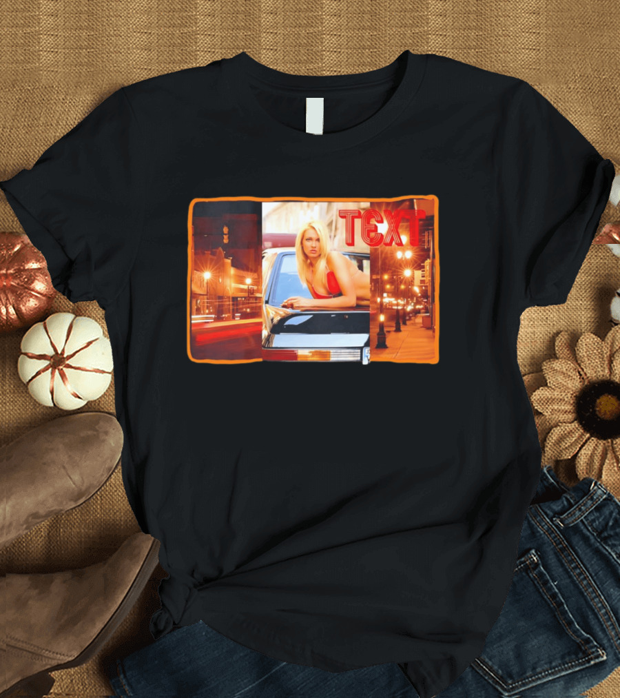 Blonde Woman In Red Bikini Leaning On Car At Night With Neon City Lights T-Shirt