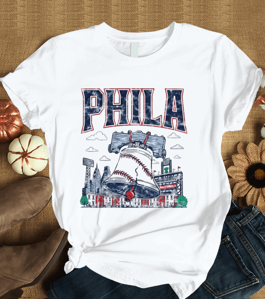 Phila Liberty Bell Baseball Fusion With Philly Sports Stadium Vintage Look T-Shirt