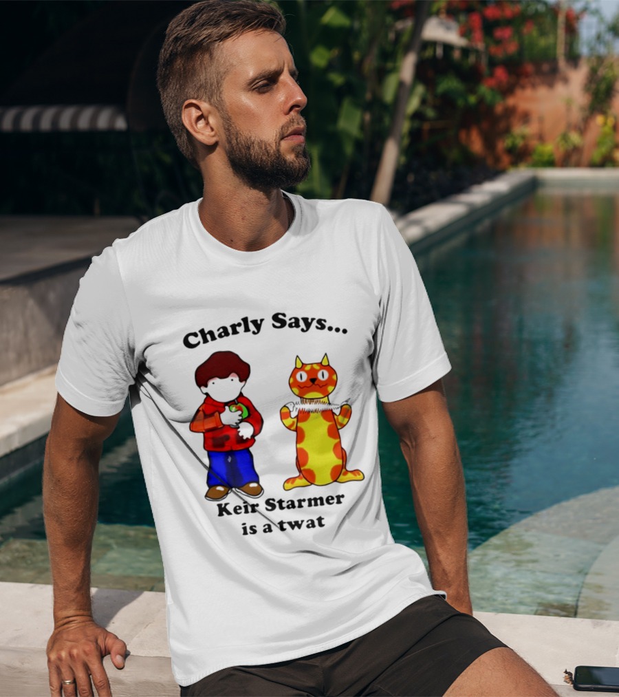 Charly Says Keir Starmer Is A Twat Comic Retro Style Cat And Kid T-Shirt