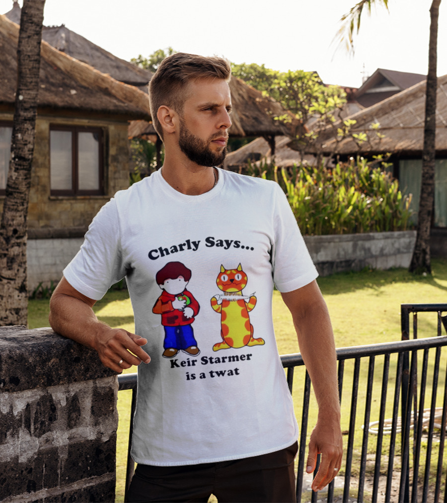 Charly Says Keir Starmer Is A Twat Comic Retro Style Cat And Kid T-Shirt