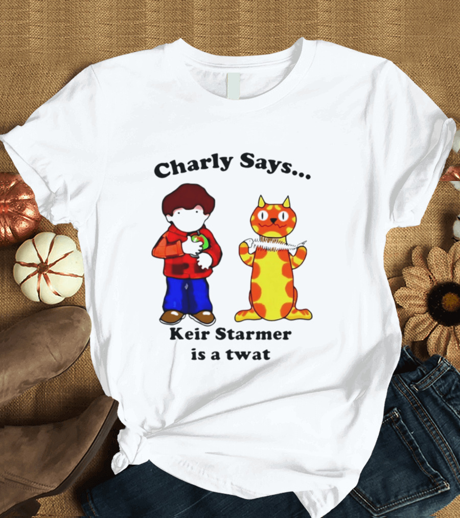 Charly Says Keir Starmer Is A Twat Comic Retro Style Cat And Kid T-Shirt