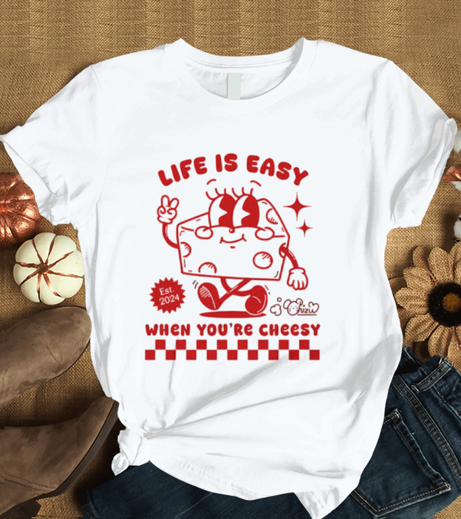 Life Is Easy When You're Cheesy Cartoon Cheese Character With Peace Sign And Stars T-Shirt