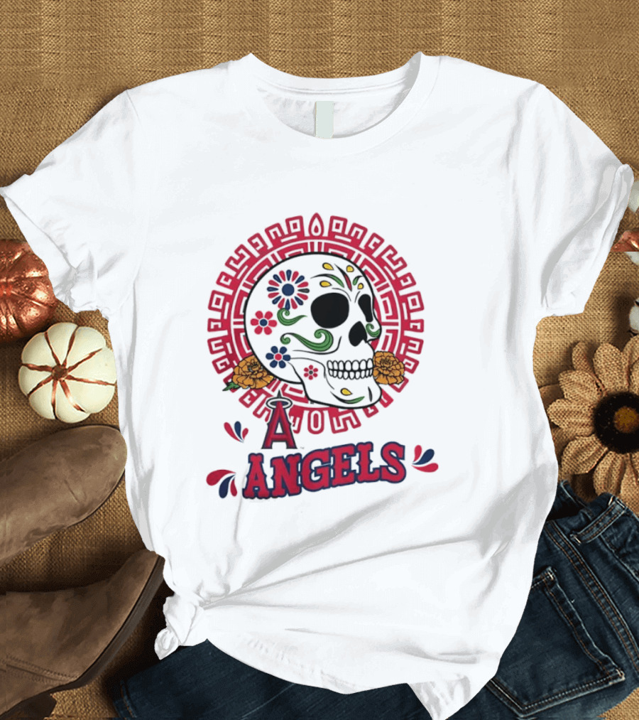 Los Angeles Angels Dia De Los Muertos Sugar Skull Aztec Calendar T-Shirt