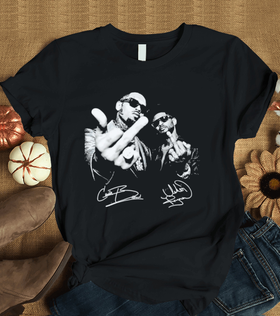 Chris Brown Usher R And B Music Middle Finger Sign Autograph T-Shirt