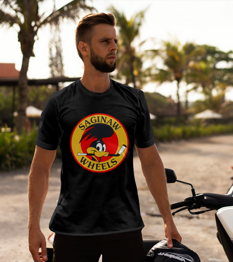 Saginaw Wheels Hockey Cartoon Character With Hockey Stick T-Shirt