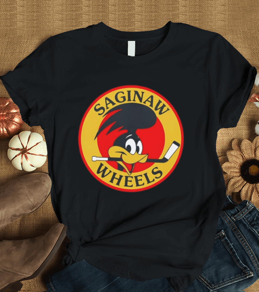 Saginaw Wheels Hockey Cartoon Character With Hockey Stick T-Shirt