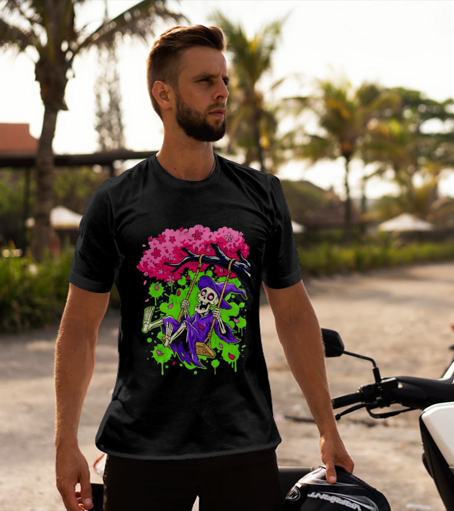 Morbid Whimsy Skeleton Witch Swinging Under Cherry Blossom Tree T-Shirt