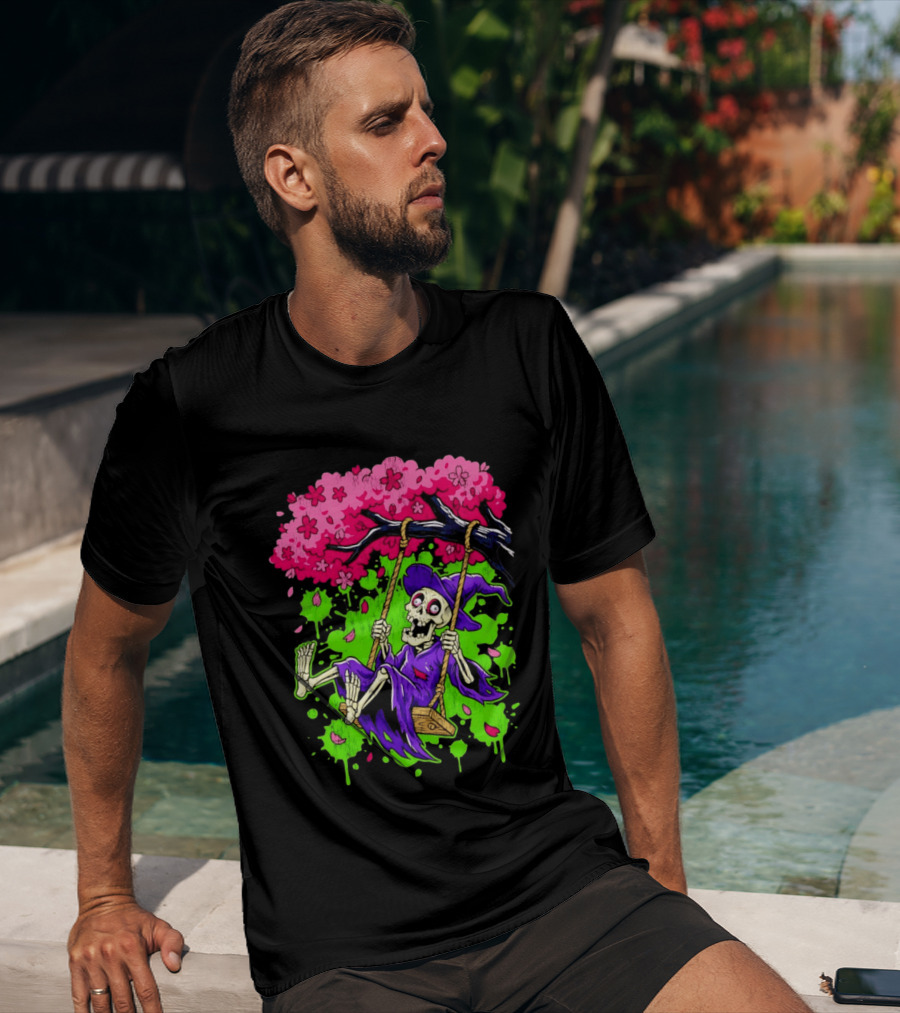 Morbid Whimsy Skeleton Witch Swinging Under Cherry Blossom Tree T-Shirt