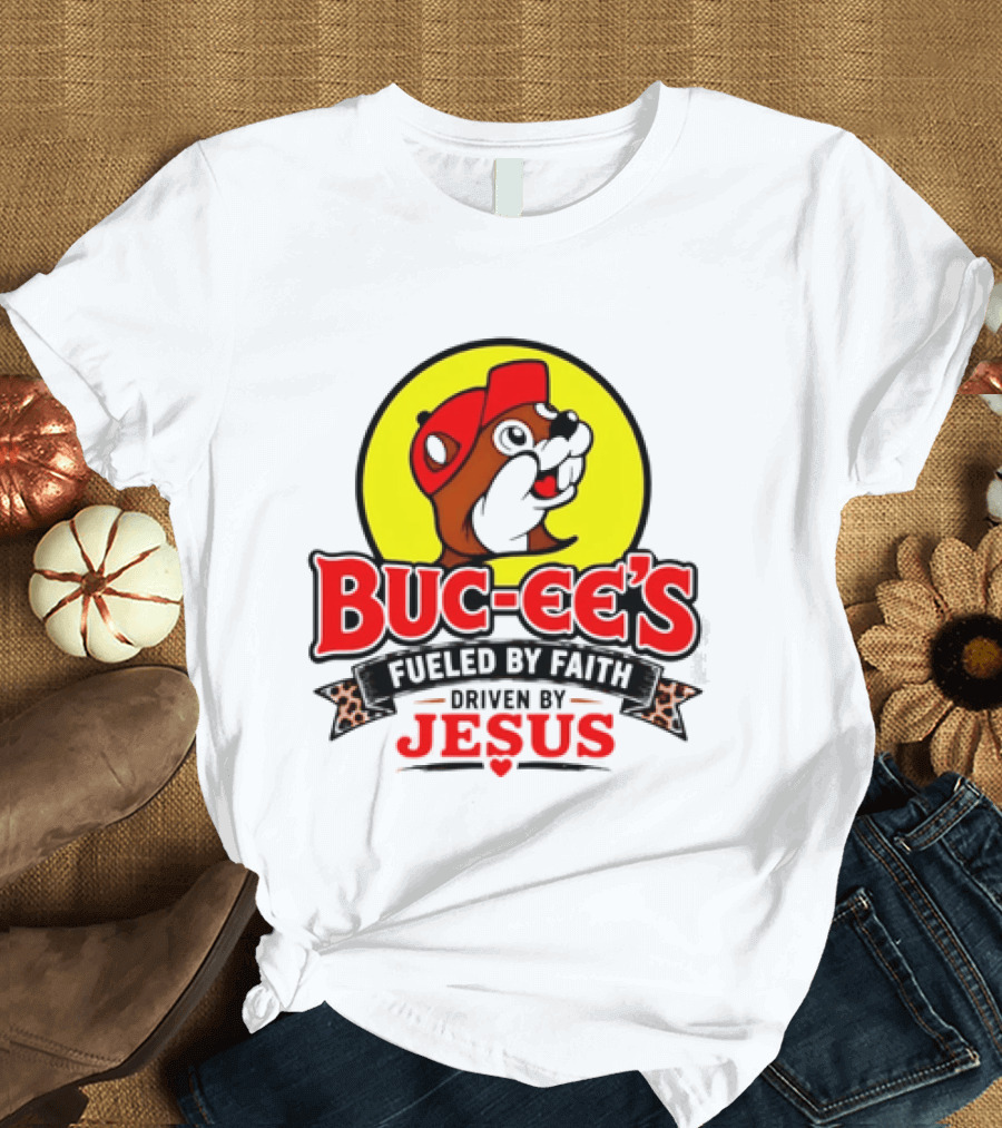Buc Ee's Fueled By Faith Driven By Jesus Yellow Circle Red Cap T-Shirt