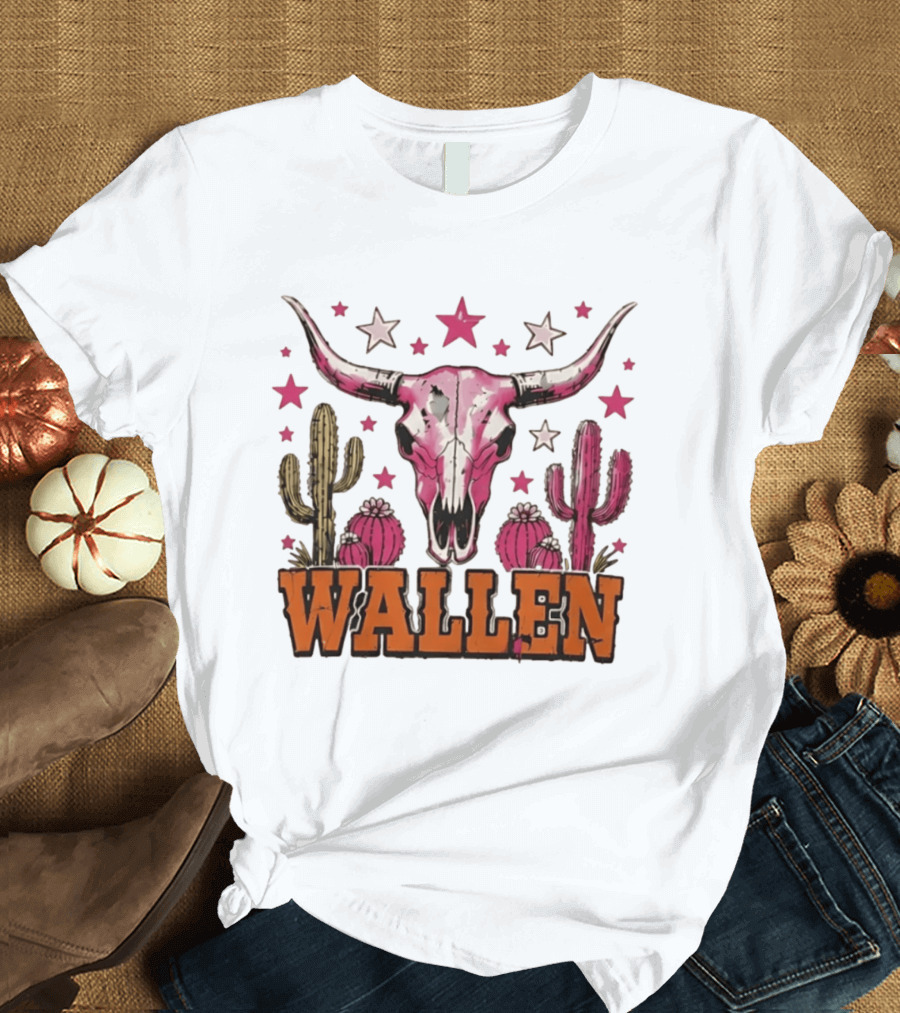 Wallen Pink Cow Skull Cactus Stars T-Shirt