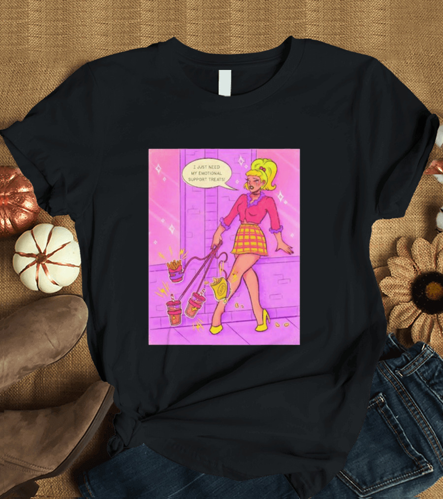 I Just Need My Emotional Support Treats Comic Style Girl With Drinks And Fries T-Shirt