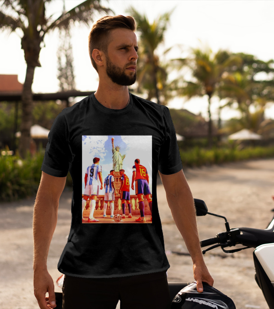 Lionel Messi J Alvarez Lamine Yamal Rodrigo Football Statue Of Liberty Argentina Spain Soccer T-Shirt