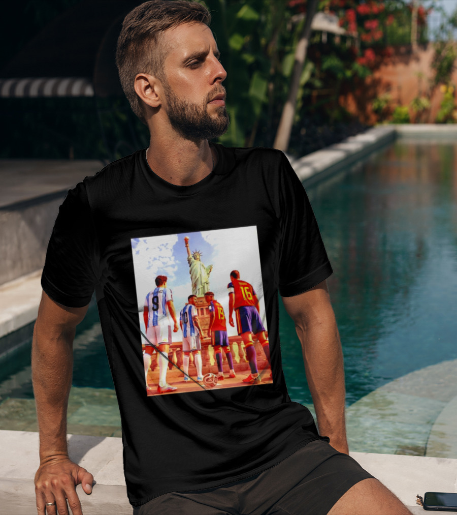 Lionel Messi J Alvarez Lamine Yamal Rodrigo Football Statue Of Liberty Argentina Spain Soccer T-Shirt