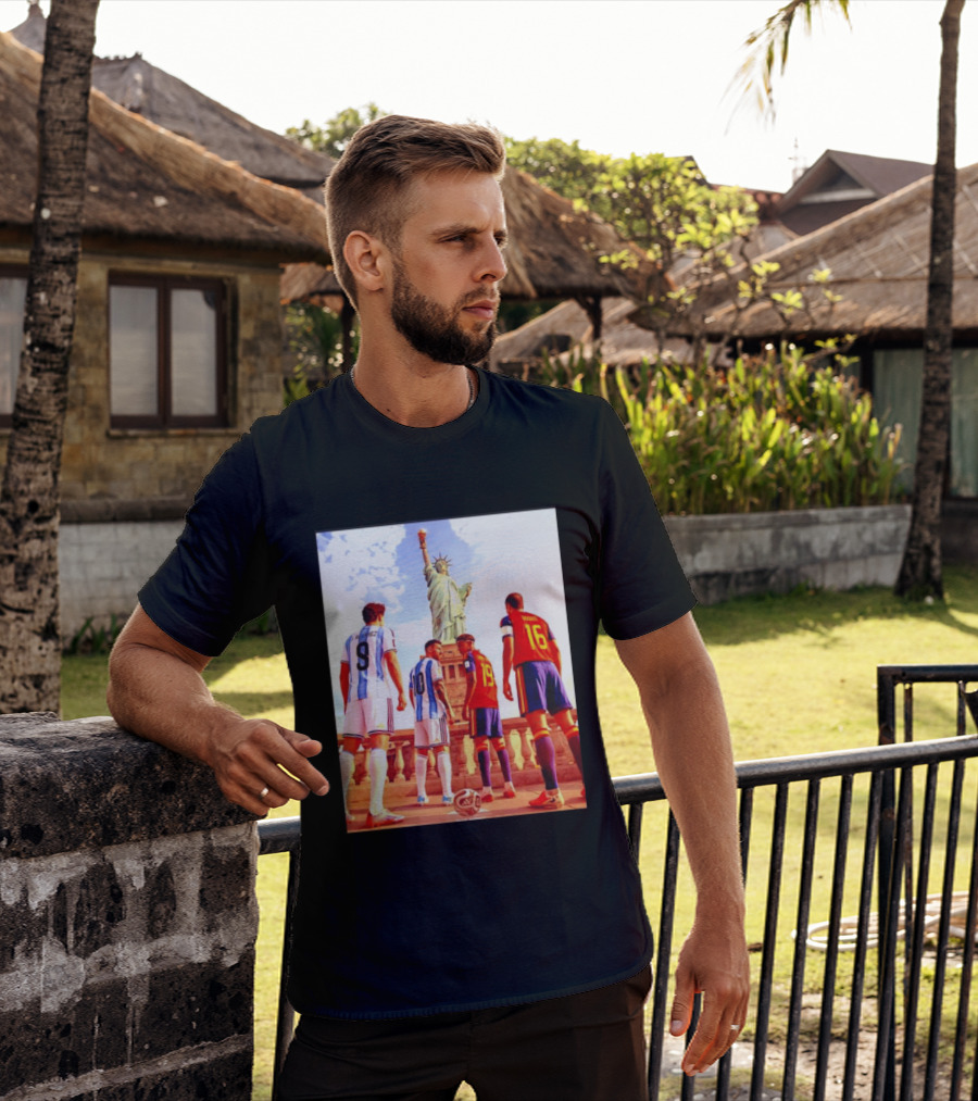 Lionel Messi J Alvarez Lamine Yamal Rodrigo Football Statue Of Liberty Argentina Spain Soccer T-Shirt