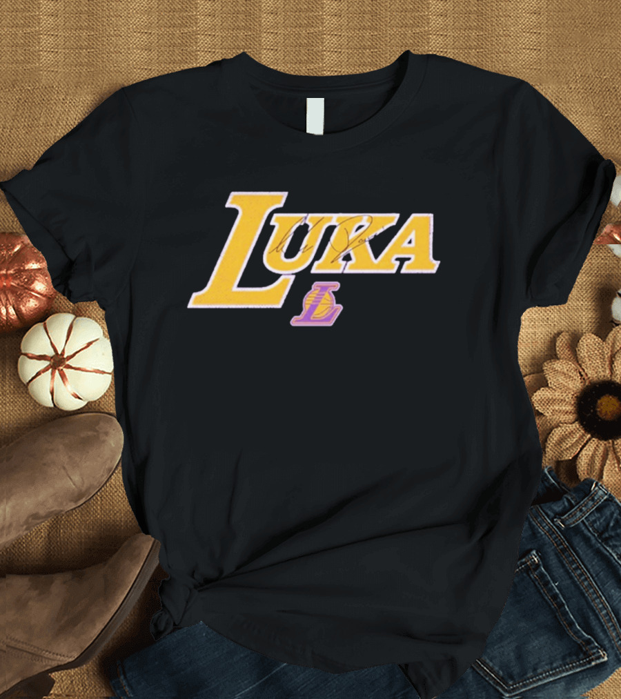 Luka Doncic Autograph Lakers Font Style With Los Angeles Basketball T-Shirt