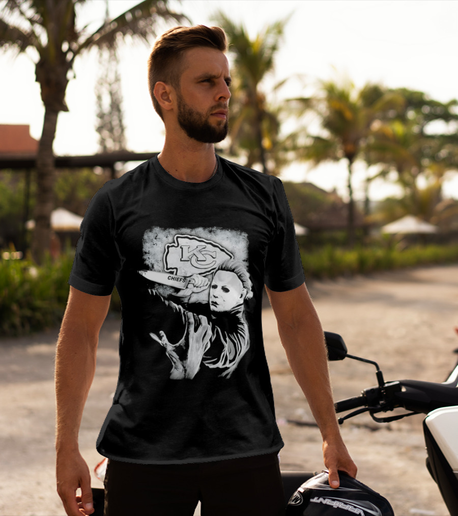 Michael Myers Holding Knife With KC Chiefs T-Shirt