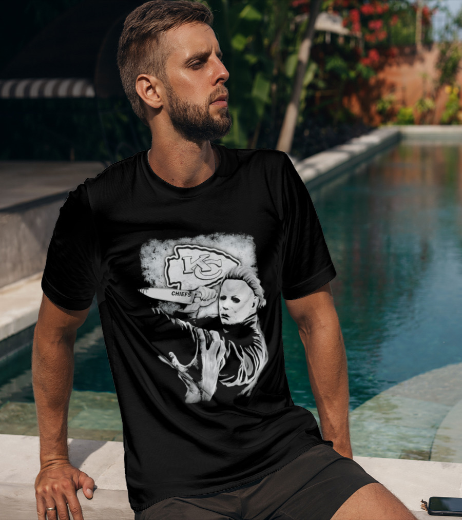 Michael Myers Holding Knife With KC Chiefs T-Shirt
